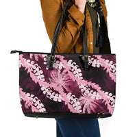 Puakenikeni Maile Lei Leather Tote Bag Frangipani Pink Tropical Leaves