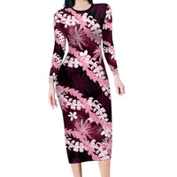 Puakenikeni Maile Lei Long Sleeve Bodycon Dress Frangipani Pink Tropical Leaves