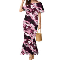 Puakenikeni Maile Lei Mermaid Dress Frangipani Pink Tropical Leaves