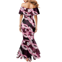 Puakenikeni Maile Lei Mermaid Dress Frangipani Pink Tropical Leaves
