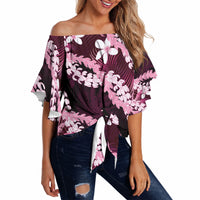Puakenikeni Maile Lei Off Shoulder Wrap Waist Top Frangipani Pink Tropical Leaves LT01 - Polynesian Pride