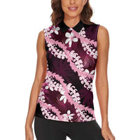 Puakenikeni Maile Lei Women Sleeveless Polo Shirt Frangipani Pink Tropical Leaves