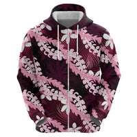 Puakenikeni Maile Lei Zip Hoodie Frangipani Pink Tropical Leaves
