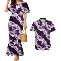 Puakenikeni Maile Lei Couples Matching Mermaid Dress and Hawaiian Shirt Frangipani Purple Tropical Leaves LT01 Purple - Polynesian Pride