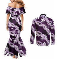 Puakenikeni Maile Lei Couples Matching Mermaid Dress and Long Sleeve Button Shirt Frangipani Purple Tropical Leaves LT01 - Polynesian Pride