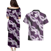 Puakenikeni Maile Lei Couples Matching Puletasi and Hawaiian Shirt Frangipani Purple Tropical Leaves