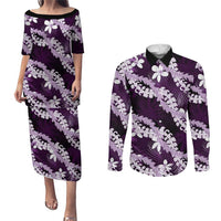 Puakenikeni Maile Lei Couples Matching Puletasi and Long Sleeve Button Shirt Frangipani Purple Tropical Leaves LT01 Purple - Polynesian Pride