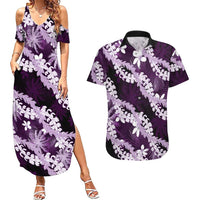 Puakenikeni Maile Lei Couples Matching Summer Maxi Dress and Hawaiian Shirt Frangipani Purple Tropical Leaves LT01 Purple - Polynesian Pride