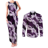 Puakenikeni Maile Lei Couples Matching Tank Maxi Dress and Long Sleeve Button Shirt Frangipani Purple Tropical Leaves