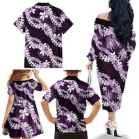 Puakenikeni Maile Lei Family Matching Off The Shoulder Long Sleeve Dress and Hawaiian Shirt Frangipani Purple Tropical Leaves