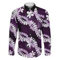 Puakenikeni Maile Lei Family Matching Off The Shoulder Long Sleeve Dress and Hawaiian Shirt Frangipani Purple Tropical Leaves