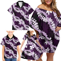 Puakenikeni Maile Lei Family Matching Off Shoulder Short Dress and Hawaiian Shirt Frangipani Purple Tropical Leaves LT01 - Polynesian Pride