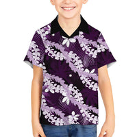 Puakenikeni Maile Lei Kid Hawaiian Shirt Frangipani Purple Tropical Leaves LT01 Kid Purple - Polynesian Pride