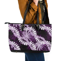 Puakenikeni Maile Lei Leather Tote Bag Frangipani Purple Tropical Leaves