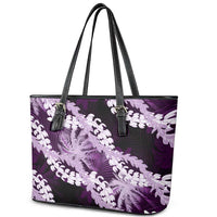 Puakenikeni Maile Lei Leather Tote Bag Frangipani Purple Tropical Leaves