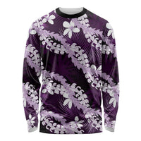Puakenikeni Maile Lei Long Sleeve Shirt Frangipani Purple Tropical Leaves