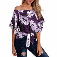 Puakenikeni Maile Lei Off Shoulder Wrap Waist Top Frangipani Purple Tropical Leaves LT01 - Polynesian Pride