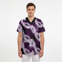 Puakenikeni Maile Lei Scrub Top Frangipani Purple Tropical Leaves