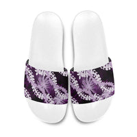Puakenikeni Maile Lei Slide Sandals Frangipani Purple Tropical Leaves