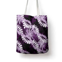 Puakenikeni Maile Lei Tote Bag Frangipani Purple Tropical Leaves