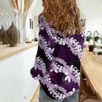 Puakenikeni Maile Lei Women Casual Shirt Frangipani Purple Tropical Leaves