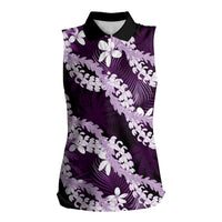 Puakenikeni Maile Lei Women Sleeveless Polo Shirt Frangipani Purple Tropical Leaves