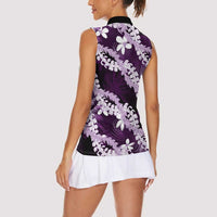 Puakenikeni Maile Lei Women Sleeveless Polo Shirt Frangipani Purple Tropical Leaves