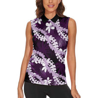 Puakenikeni Maile Lei Women Sleeveless Polo Shirt Frangipani Purple Tropical Leaves