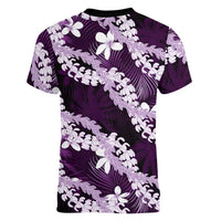 Puakenikeni Maile Lei Women V-Neck T-Shirt Frangipani Purple Tropical Leaves