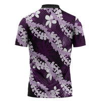 Puakenikeni Maile Lei Zipper Polo Shirt Frangipani Purple Tropical Leaves