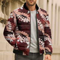 Puakenikeni Maile Lei Bomber Puffer Jacket Frangipani Red Tropical Leaves
