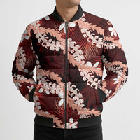 Puakenikeni Maile Lei Bomber Puffer Jacket Frangipani Red Tropical Leaves