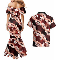 Puakenikeni Maile Lei Couples Matching Mermaid Dress and Hawaiian Shirt Frangipani Red Tropical Leaves