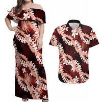 Puakenikeni Maile Lei Couples Matching Off Shoulder Maxi Dress and Hawaiian Shirt Frangipani Red Tropical Leaves