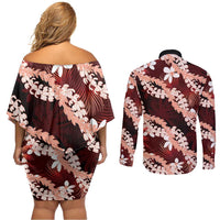 Puakenikeni Maile Lei Couples Matching Off Shoulder Short Dress and Long Sleeve Button Shirt Frangipani Red Tropical Leaves