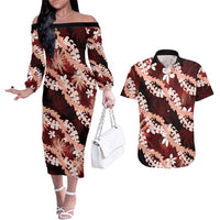 Puakenikeni Maile Lei Couples Matching Off The Shoulder Long Sleeve Dress and Hawaiian Shirt Frangipani Red Tropical Leaves LT01 Red - Polynesian Pride