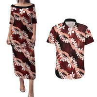 Puakenikeni Maile Lei Couples Matching Puletasi and Hawaiian Shirt Frangipani Red Tropical Leaves