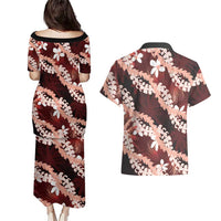 Puakenikeni Maile Lei Couples Matching Puletasi and Hawaiian Shirt Frangipani Red Tropical Leaves
