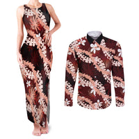 Puakenikeni Maile Lei Couples Matching Tank Maxi Dress and Long Sleeve Button Shirt Frangipani Red Tropical Leaves LT01 Red - Polynesian Pride