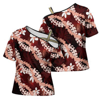 Puakenikeni Maile Lei Cross Shoulder Shirt Frangipani Red Tropical Leaves