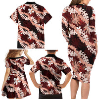 Puakenikeni Maile Lei Family Matching Long Sleeve Bodycon Dress and Hawaiian Shirt Frangipani Red Tropical Leaves LT01 - Polynesian Pride