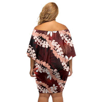 Puakenikeni Maile Lei Family Matching Off Shoulder Short Dress and Hawaiian Shirt Frangipani Red Tropical Leaves LT01 - Polynesian Pride