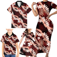 Puakenikeni Maile Lei Family Matching Short Sleeve Bodycon Dress and Hawaiian Shirt Frangipani Red Tropical Leaves LT01 - Polynesian Pride