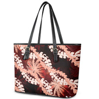 Puakenikeni Maile Lei Leather Tote Bag Frangipani Red Tropical Leaves