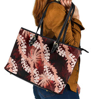 Puakenikeni Maile Lei Leather Tote Bag Frangipani Red Tropical Leaves