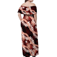Puakenikeni Maile Lei Off Shoulder Maxi Dress Frangipani Red Tropical Leaves