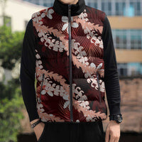 Puakenikeni Maile Lei Sleeveless Puffer Jacket Frangipani Red Tropical Leaves