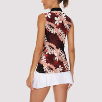 Puakenikeni Maile Lei Women Sleeveless Polo Shirt Frangipani Red Tropical Leaves