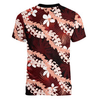 Puakenikeni Maile Lei Women V-Neck T-Shirt Frangipani Red Tropical Leaves LT01 - Polynesian Pride