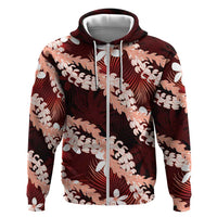 Puakenikeni Maile Lei Zip Hoodie Frangipani Red Tropical Leaves